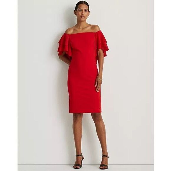 LAUREN RALPH LAUREN NWT RED Crepe Off-the-Shoulder Cocktail Dress 2 - Picture 5 of 8